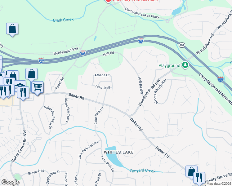map of restaurants, bars, coffee shops, grocery stores, and more near 1051 Athena Ct in Acworth
