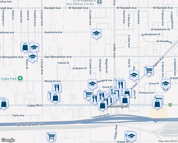map of restaurants, bars, coffee shops, grocery stores, and more near 9824 Linden Avenue in Bloomington