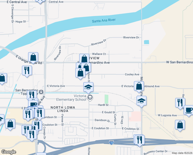 map of restaurants, bars, coffee shops, grocery stores, and more near 1677 Cooley Avenue in San Bernardino