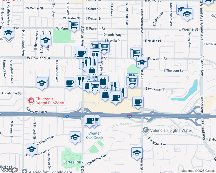 map of restaurants, bars, coffee shops, grocery stores, and more near 259 East Workman Street in Covina