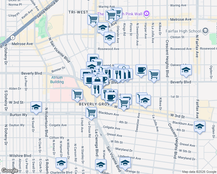 map of restaurants, bars, coffee shops, grocery stores, and more near in Los Angeles