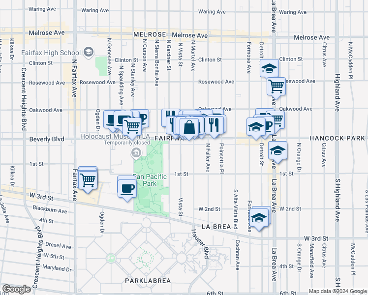 map of restaurants, bars, coffee shops, grocery stores, and more near 166 North Vista Street in Los Angeles