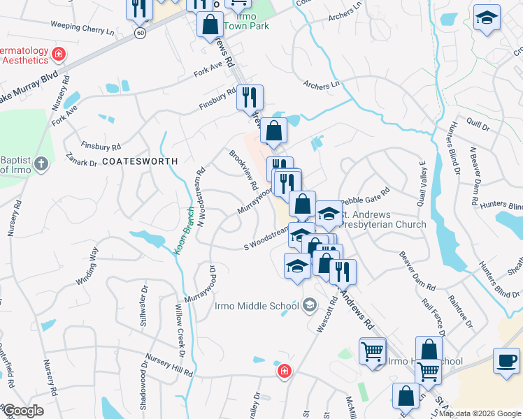 map of restaurants, bars, coffee shops, grocery stores, and more near 1405 Creekview Drive in Columbia