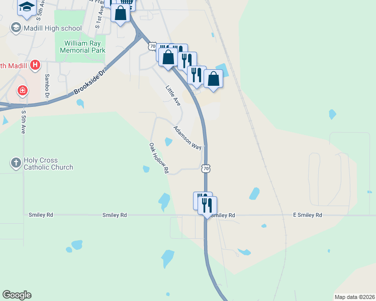 map of restaurants, bars, coffee shops, grocery stores, and more near Adamson Way in Madill