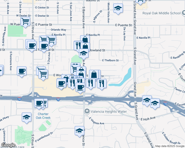 map of restaurants, bars, coffee shops, grocery stores, and more near 780 South Briargate Lane in Glendora