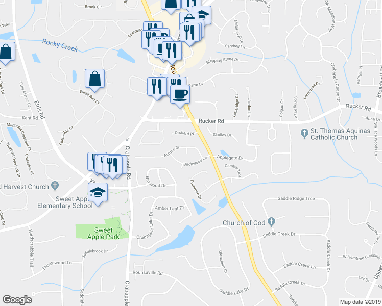 map of restaurants, bars, coffee shops, grocery stores, and more near 115 Ashton Court in Roswell