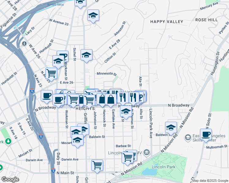 map of restaurants, bars, coffee shops, grocery stores, and more near 2460 Eastlake Avenue in Los Angeles