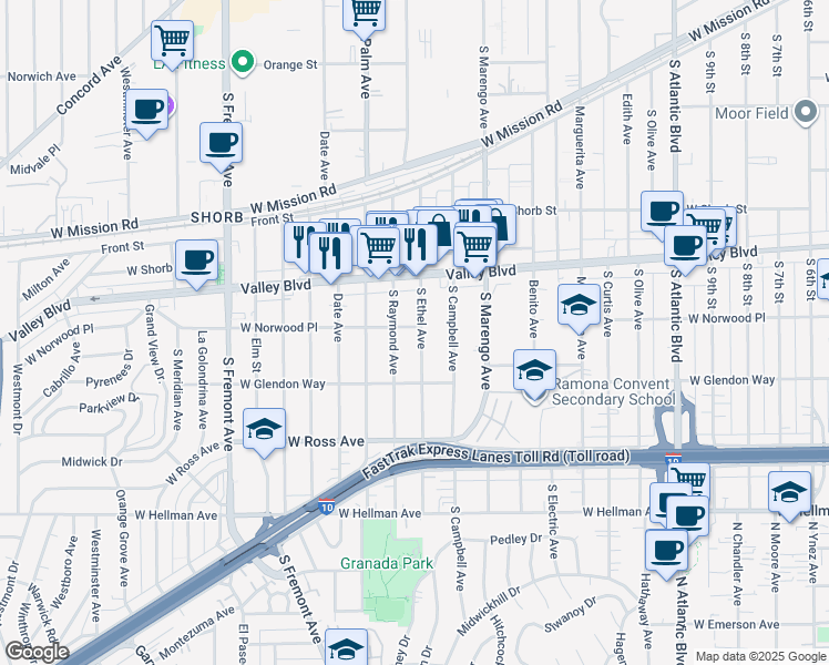 map of restaurants, bars, coffee shops, grocery stores, and more near 1515 South Ethel Avenue in Alhambra