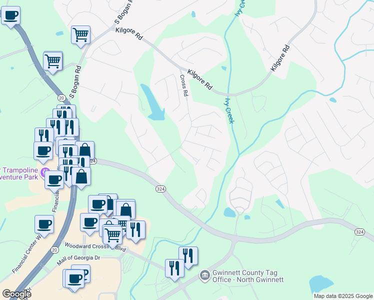 map of restaurants, bars, coffee shops, grocery stores, and more near 3259 Hallmark Lane Northeast in Buford