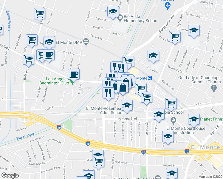 map of restaurants, bars, coffee shops, grocery stores, and more near 530 Main Street in El Monte