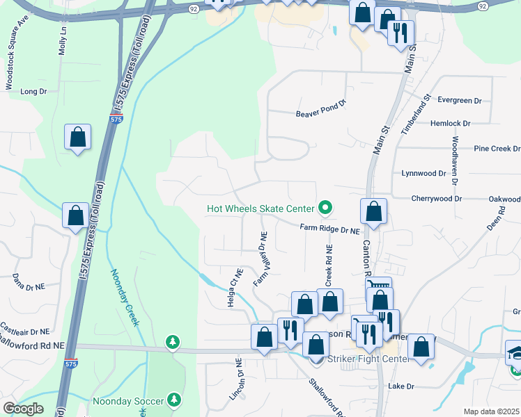 map of restaurants, bars, coffee shops, grocery stores, and more near 294 Farm Ridge Drive Northeast in Woodstock