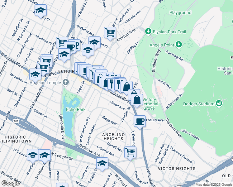 map of restaurants, bars, coffee shops, grocery stores, and more near 1467 W Sunset Blvd in Los Angeles