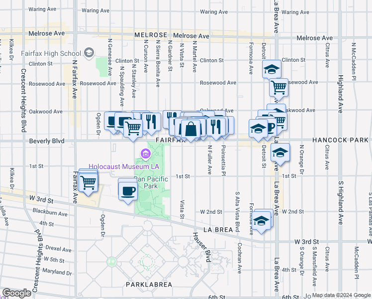 map of restaurants, bars, coffee shops, grocery stores, and more near 166 North Vista Street in Los Angeles