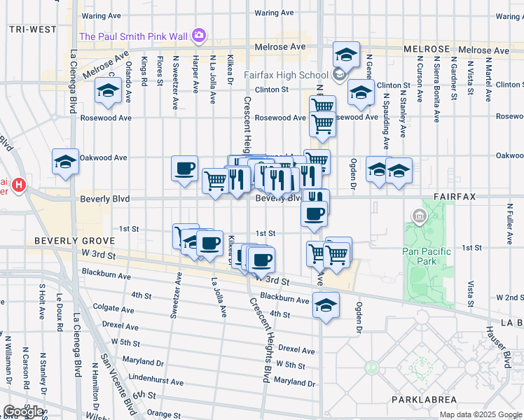 map of restaurants, bars, coffee shops, grocery stores, and more near 139 North Laurel Avenue in Los Angeles