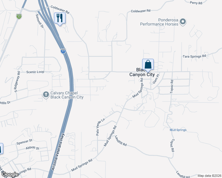 map of restaurants, bars, coffee shops, grocery stores, and more near 19061 Palm Lane Drive in Black Canyon City