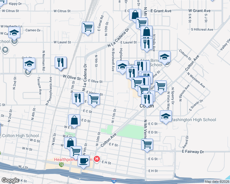 map of restaurants, bars, coffee shops, grocery stores, and more near 405 A Court in Colton