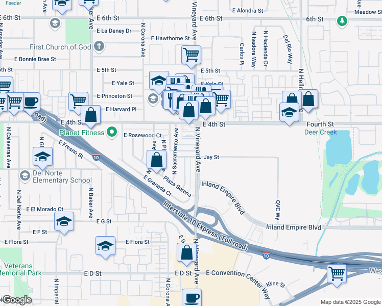 map of restaurants, bars, coffee shops, grocery stores, and more near 1859 East Jay Street in Ontario
