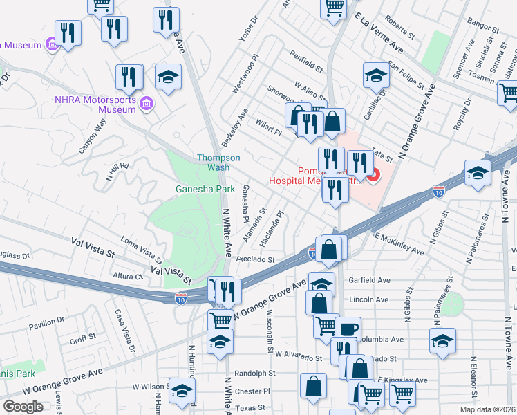 map of restaurants, bars, coffee shops, grocery stores, and more near 1552 Ganesha Place in Pomona
