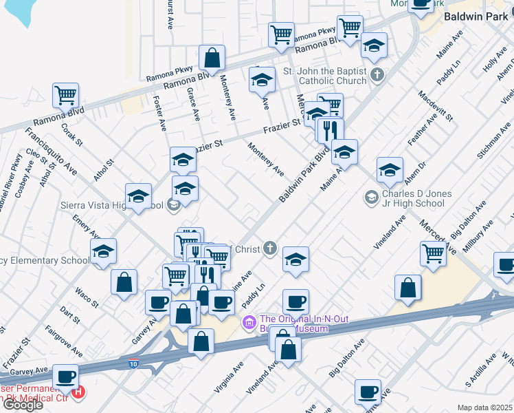 map of restaurants, bars, coffee shops, grocery stores, and more near 3427 Baldwin Park Boulevard in Baldwin Park