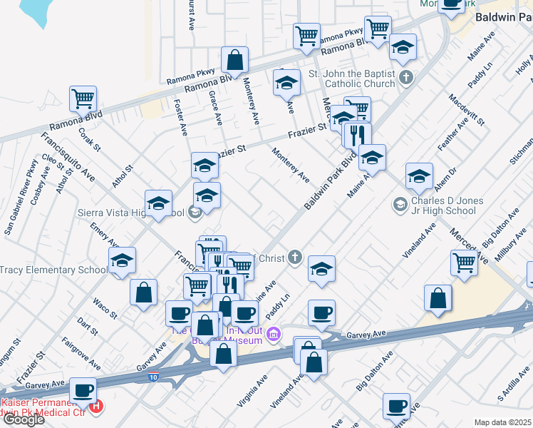 map of restaurants, bars, coffee shops, grocery stores, and more near 3427 Baldwin Park Boulevard in Baldwin Park