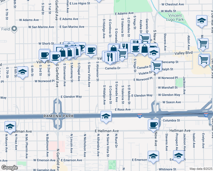 map of restaurants, bars, coffee shops, grocery stores, and more near 1617 South Hidalgo Avenue in Alhambra