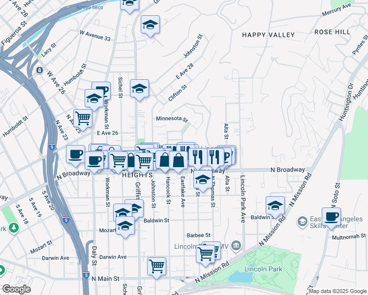 map of restaurants, bars, coffee shops, grocery stores, and more near 2460 Eastlake Avenue in Los Angeles