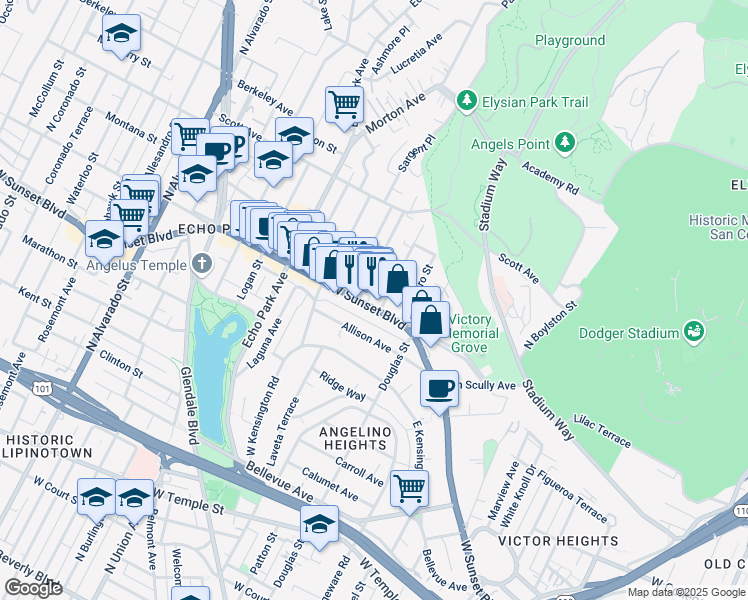 map of restaurants, bars, coffee shops, grocery stores, and more near 1467 West Sunset Boulevard in Los Angeles