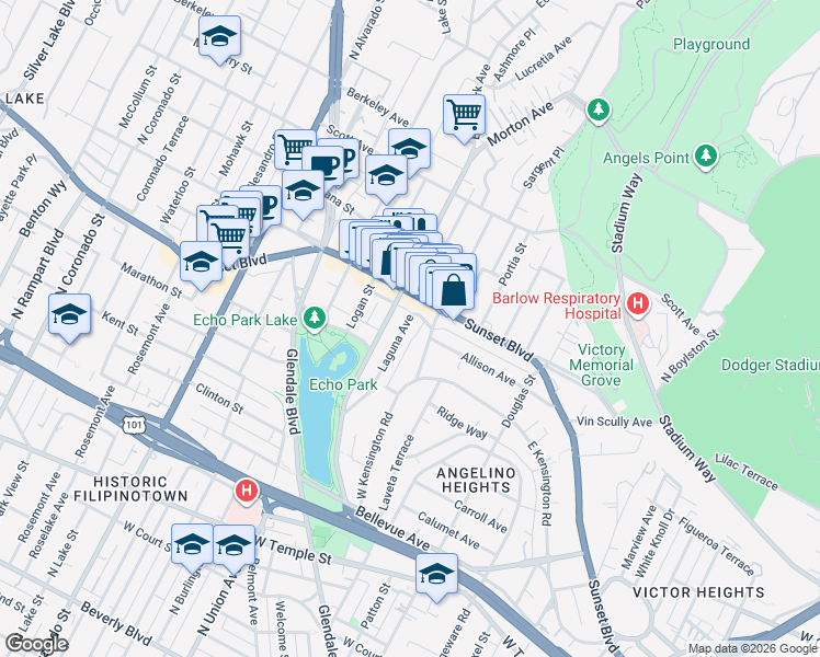 map of restaurants, bars, coffee shops, grocery stores, and more near 1076 Laguna Avenue in Los Angeles