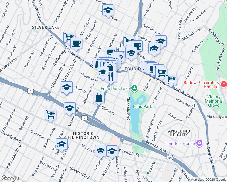 map of restaurants, bars, coffee shops, grocery stores, and more near in Los Angeles