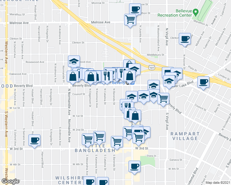map of restaurants, bars, coffee shops, grocery stores, and more near 233 North Berendo Street in Los Angeles
