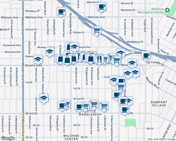 map of restaurants, bars, coffee shops, grocery stores, and more near 203 North Edgemont Street in Los Angeles