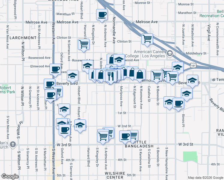 map of restaurants, bars, coffee shops, grocery stores, and more near 201 North Normandie Avenue in Los Angeles