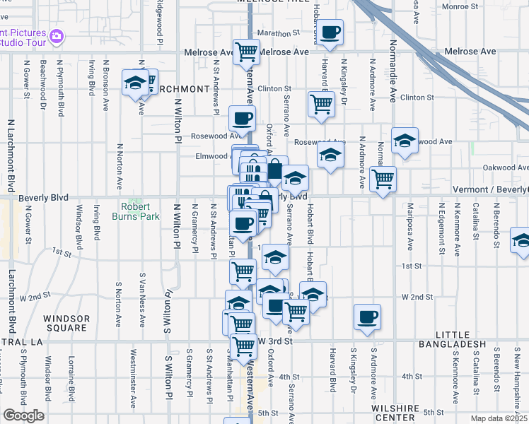 map of restaurants, bars, coffee shops, grocery stores, and more near in Los Angeles