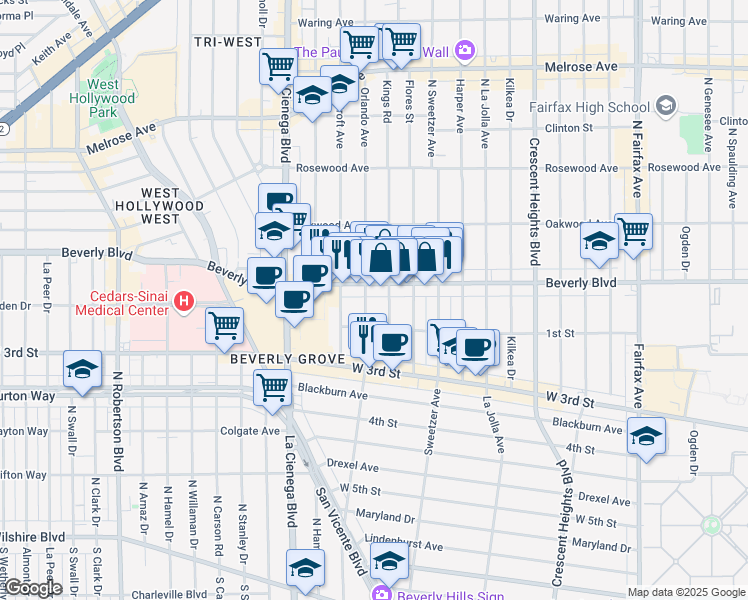 map of restaurants, bars, coffee shops, grocery stores, and more near 131 Kings Road in Los Angeles
