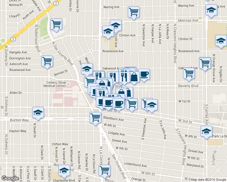map of restaurants, bars, coffee shops, grocery stores, and more near 130 North Croft Avenue in Los Angeles
