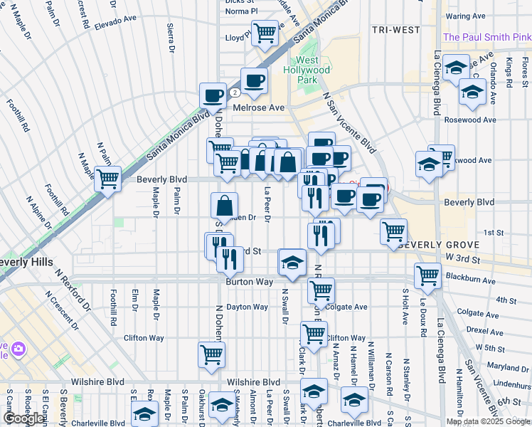 map of restaurants, bars, coffee shops, grocery stores, and more near 104 North Almont Drive in West Hollywood