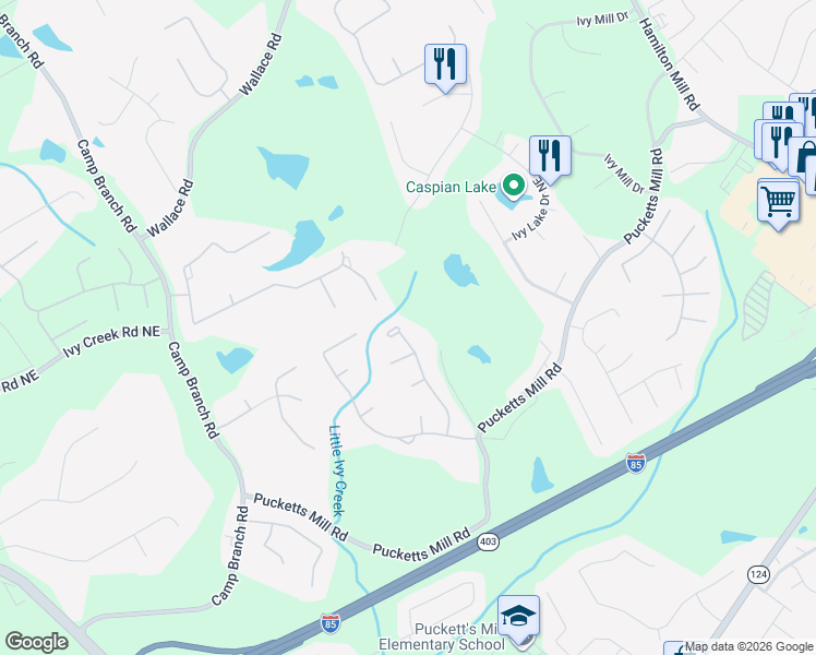 map of restaurants, bars, coffee shops, grocery stores, and more near 2865 Ivy Hill Drive Northeast in Buford