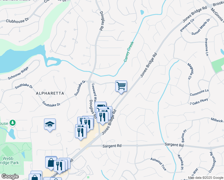 map of restaurants, bars, coffee shops, grocery stores, and more near 545 Creek Landing Lane in Alpharetta