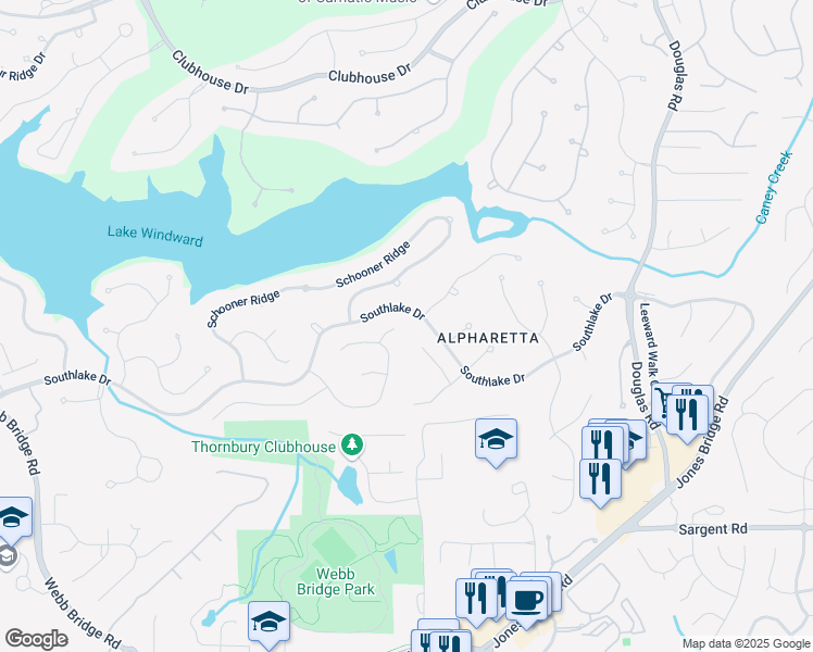 map of restaurants, bars, coffee shops, grocery stores, and more near 320 Woodlake Court in Alpharetta