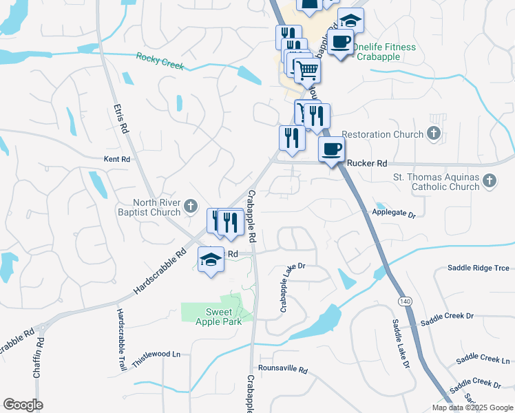 map of restaurants, bars, coffee shops, grocery stores, and more near 2525 Ashton Drive in Roswell