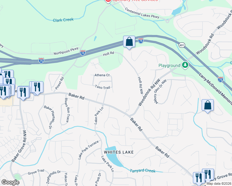 map of restaurants, bars, coffee shops, grocery stores, and more near 1051 Athena Court in Acworth