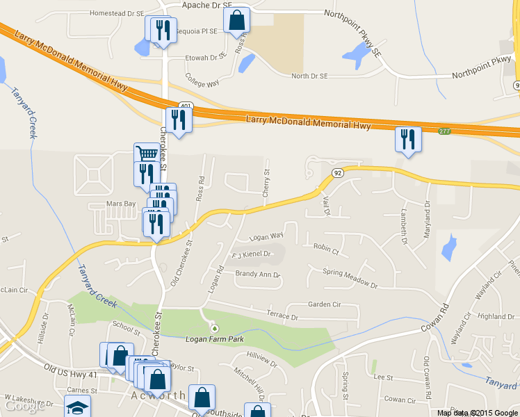 map of restaurants, bars, coffee shops, grocery stores, and more near 5898 Lake Acworth Drive in Acworth