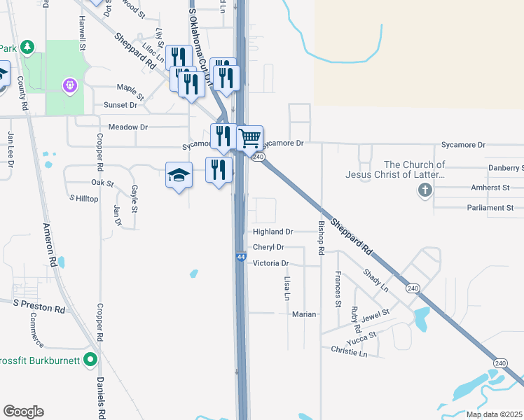 map of restaurants, bars, coffee shops, grocery stores, and more near 1111 South Red River Expressway in Burkburnett