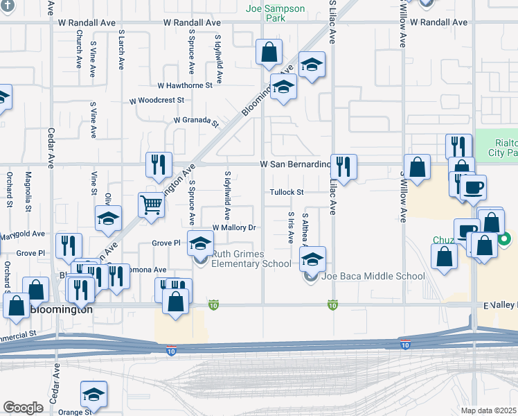 map of restaurants, bars, coffee shops, grocery stores, and more near 1415 South Fillmore Avenue in Bloomington