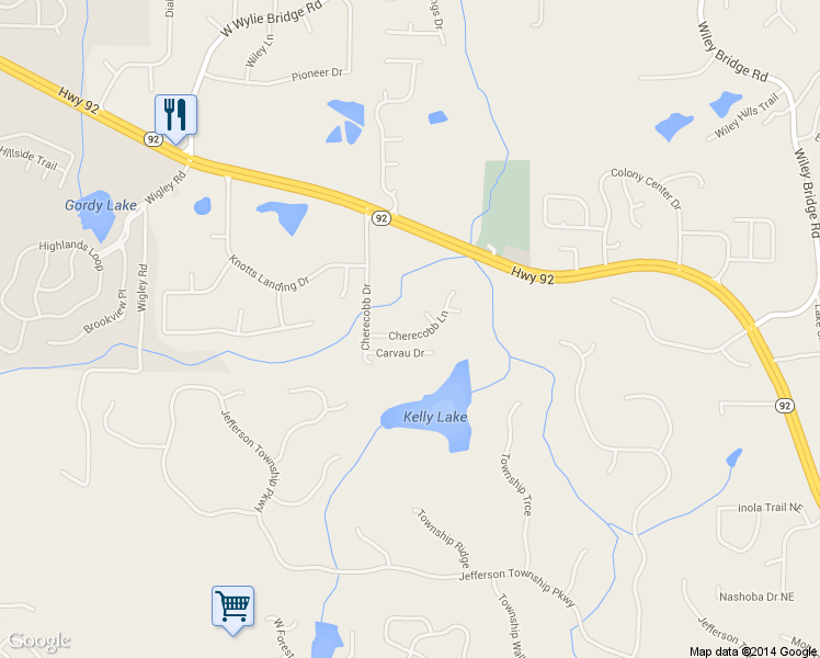 map of restaurants, bars, coffee shops, grocery stores, and more near 6005 Cherecobb Ln in Woodstock
