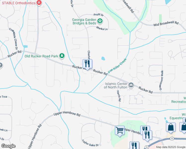 map of restaurants, bars, coffee shops, grocery stores, and more near 1075 Creekwalk Drive in Alpharetta