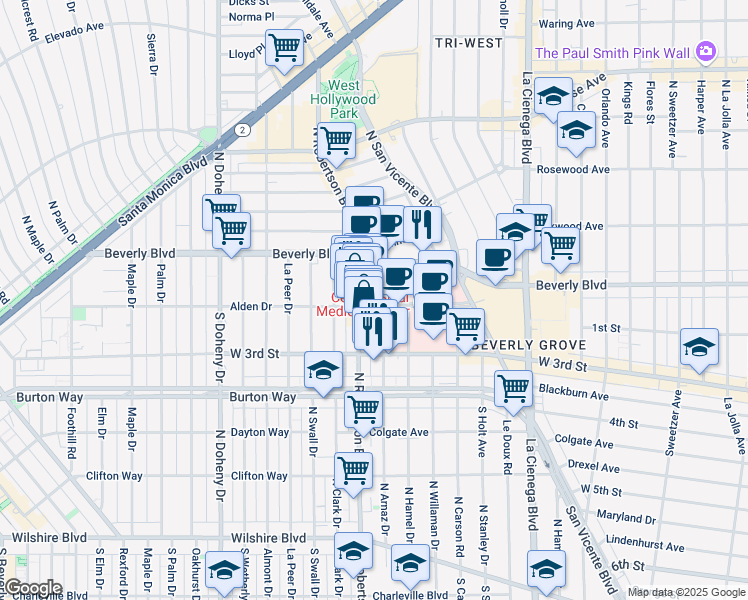 map of restaurants, bars, coffee shops, grocery stores, and more near 8741 Alden Drive in Los Angeles
