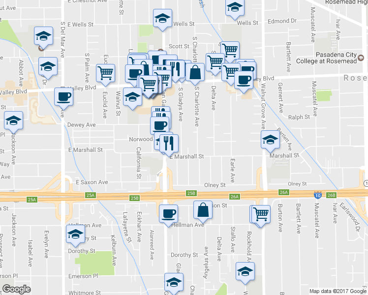 map of restaurants, bars, coffee shops, grocery stores, and more near 1848 S Gladys Ave in San Gabriel