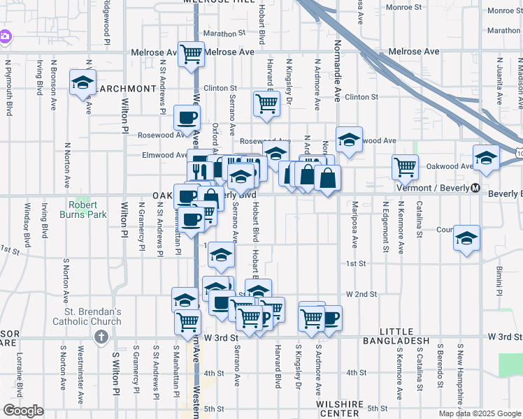 map of restaurants, bars, coffee shops, grocery stores, and more near 206 N Hobart Blvd in Los Angeles