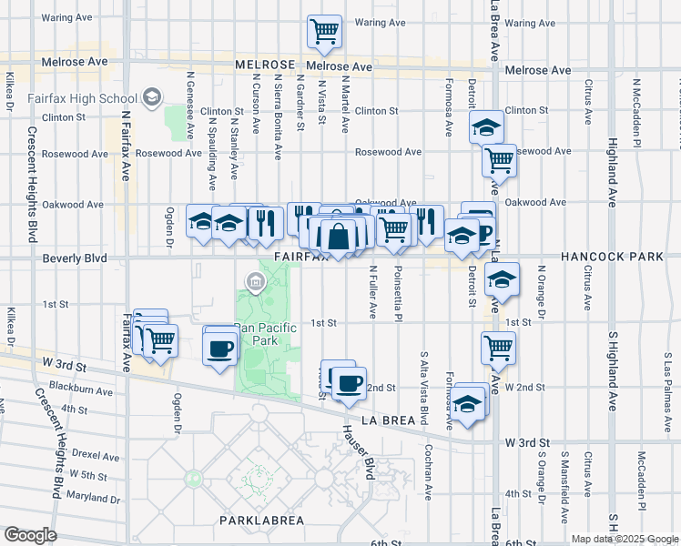 map of restaurants, bars, coffee shops, grocery stores, and more near 167 North Martel Avenue in Los Angeles